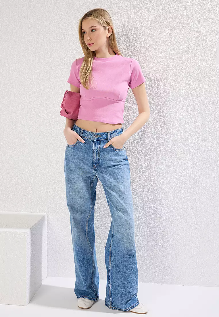Pink Piping Detail Crew Neck Crop Ribbed Flexible Knit Blouse