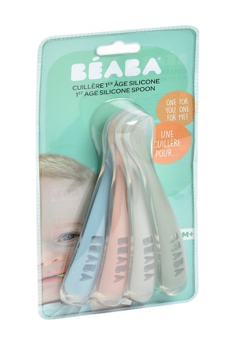 BEABA pink BEABA Set of 4 Ergonomic 1st Stage Silicone Spoons (4m+) Eucalyptus (Assorted Colors Windy Blue/Eucalyptus Green/Light Mist/Old Pink) 63F75ESE78A371GS_1