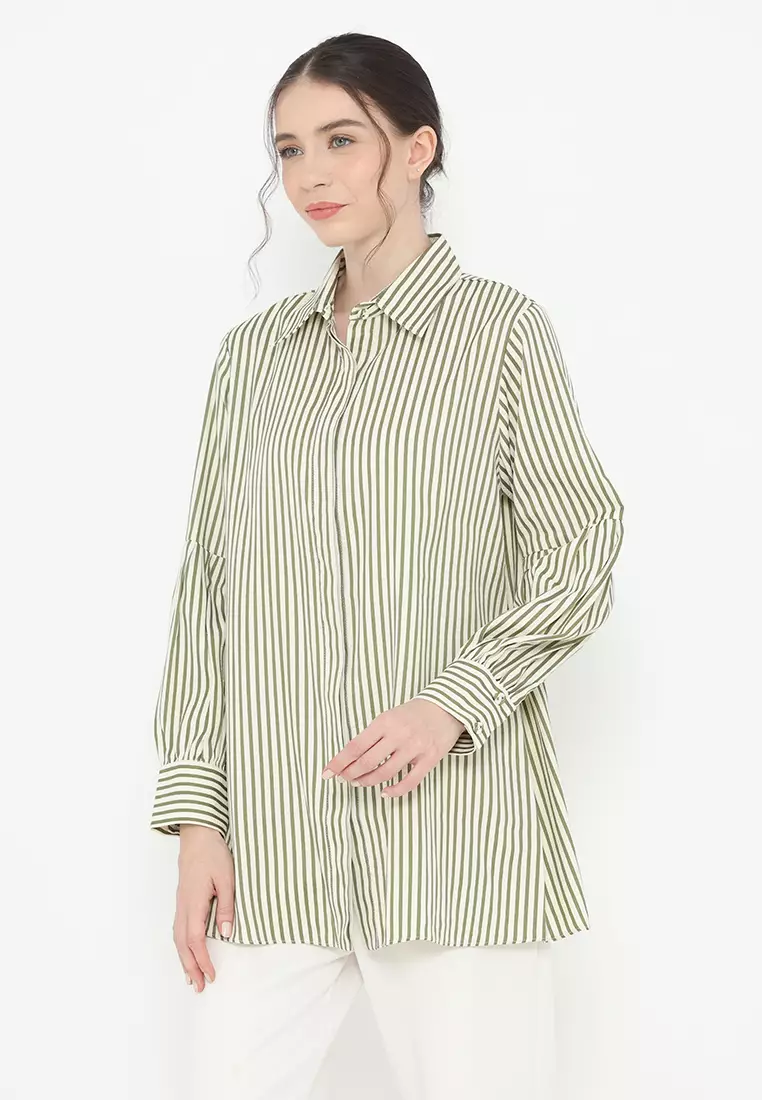 Shirt Long Sleeve Puffy Cream Striped Green Arlette By Brilliant Girl Warna Cream
