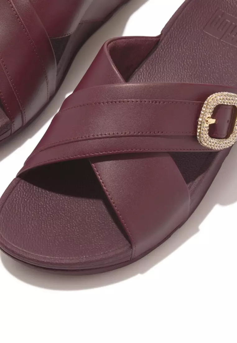 FitFlop LULU Crystal-Buckle Leather Cross Slides - Mauve Wine (HO1-B37)