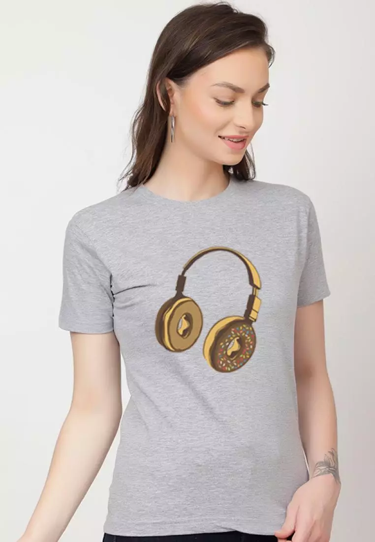 耳机甜甜圈休闲短袖时尚灰色棉质休闲图案印花 T 恤/T 恤