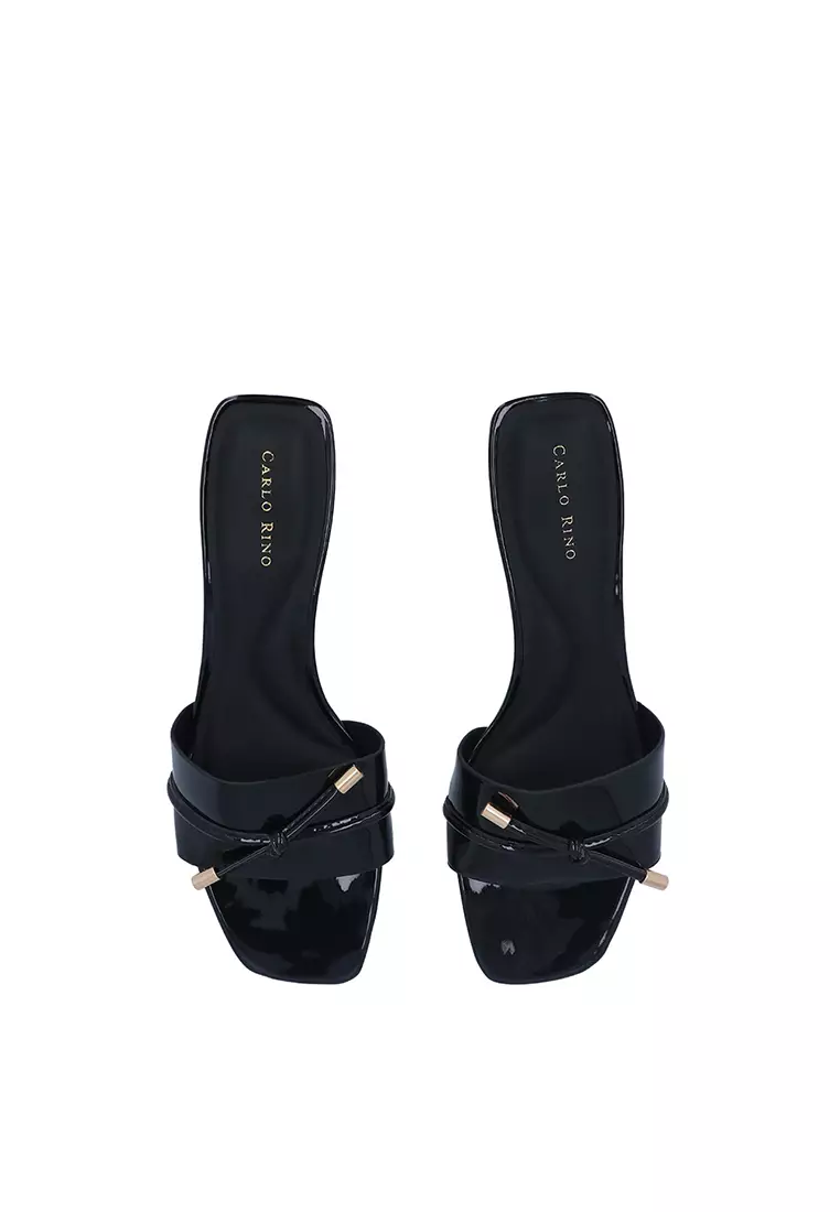 Black Glossy Chunky Heeled Sandals