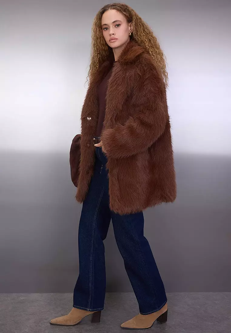 Brown Fur Mono Closure Oversize Midi Coat Twoaw26Kb6