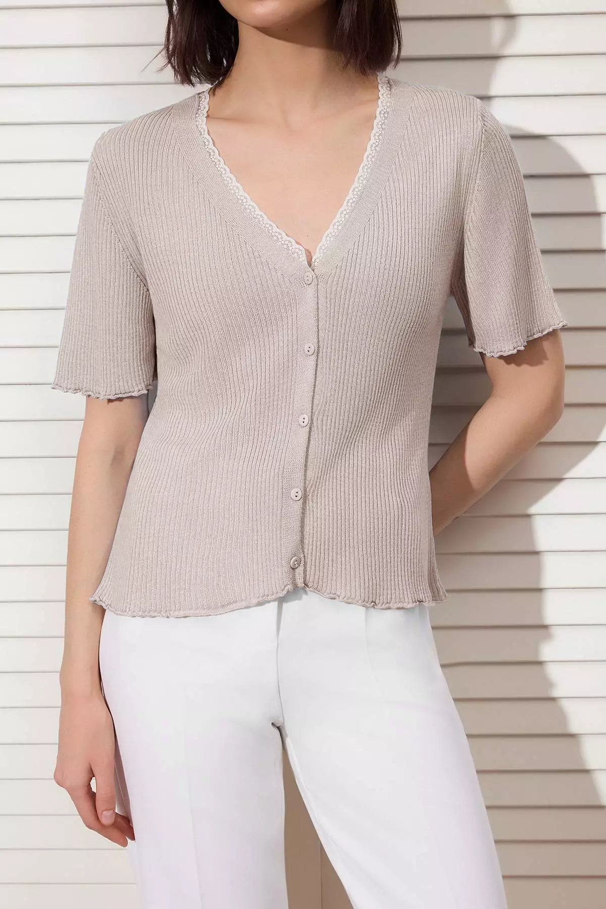 Stone V-Neck Lace Detailed Color Block Fitted Slim Knitwear Blouse Twoss26Bz00292