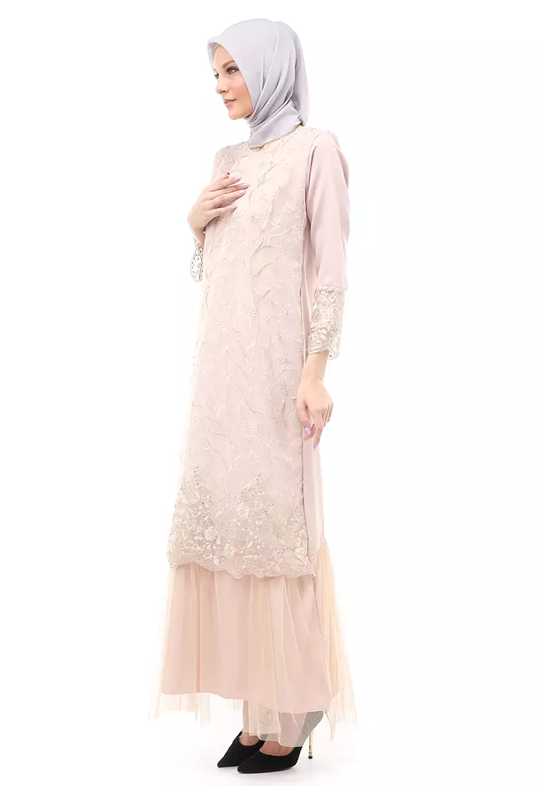 Diana Gamis Brukat Wanita Muslimah Lapis Moscrepe Premium Quality - Coksu Krem