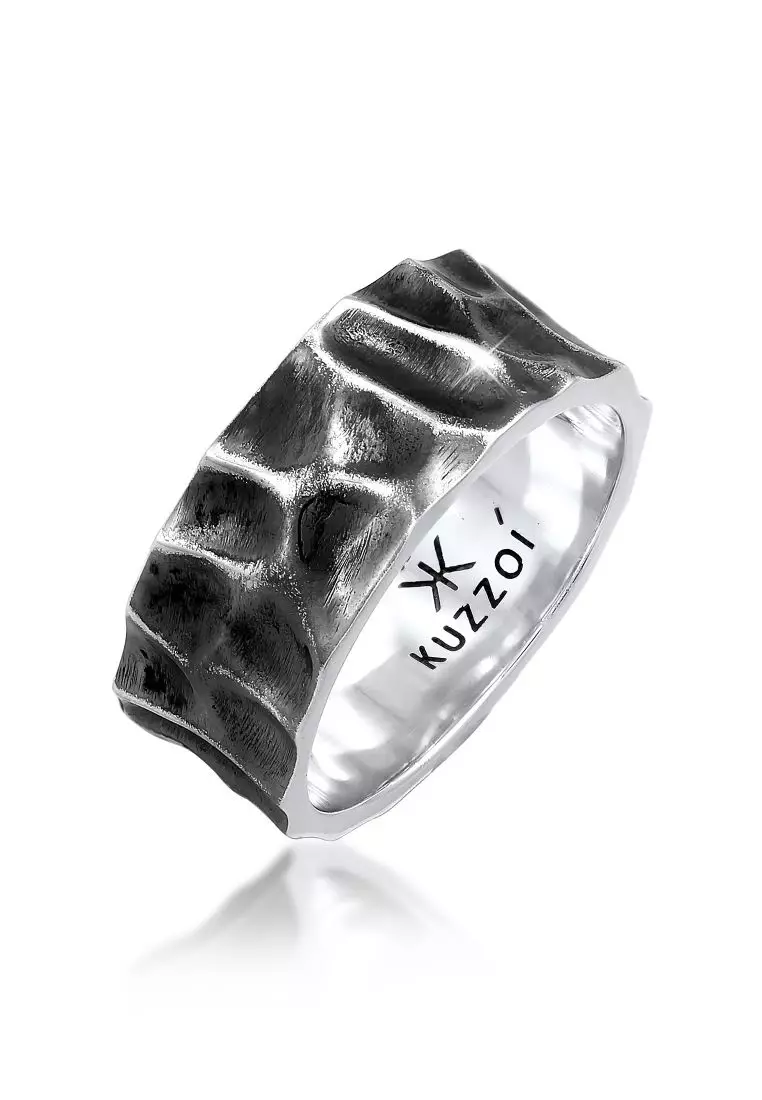 Ring Men Band Hammered Used Look Solid in 925 Sterling Silver