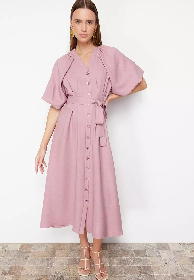 Pink Belted Half Balloon Sleeve Linen Look Woven Shirt Dress Tctss24Eb00014