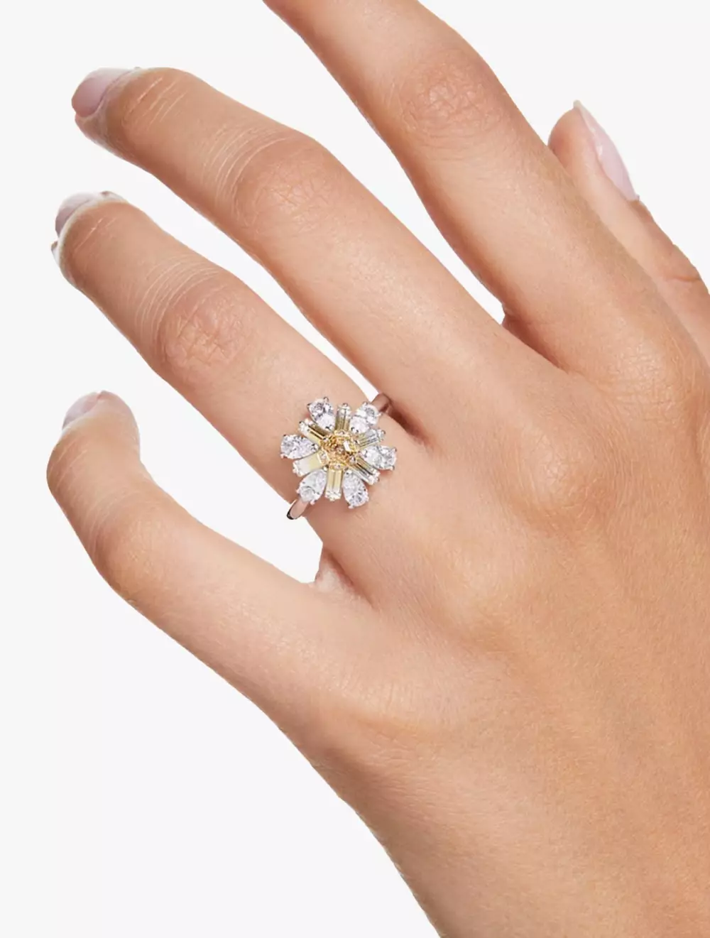 Idyllia Cocktail Ring, Mixed Cuts, Flower, Yellow, Rhodium Plated - 55-60 - Yellow