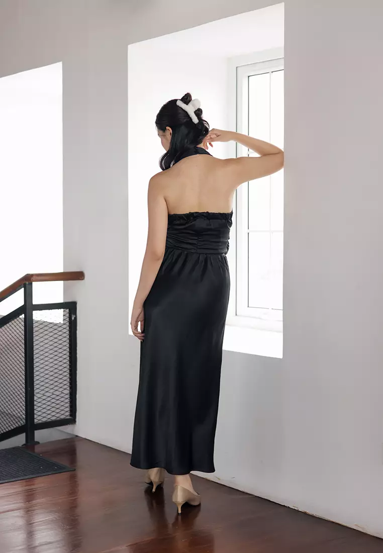 Sherry Maxi Satin Skirt in Black