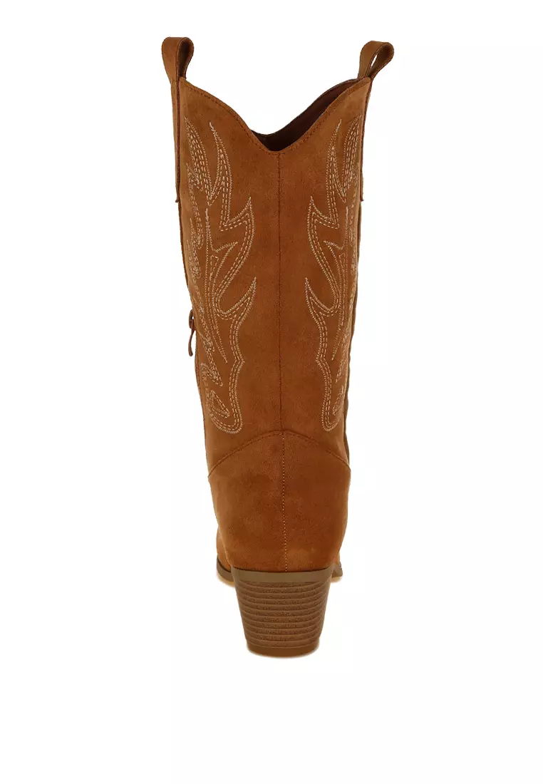 Embroidery Detail Cowboy Boots in Tan