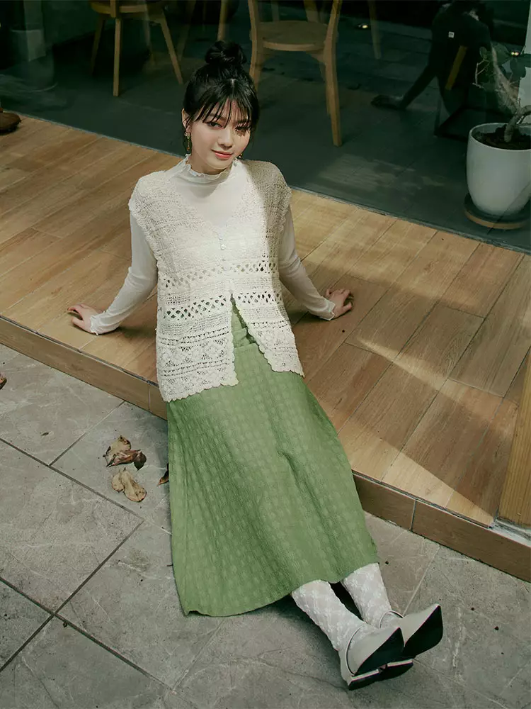 日系立體織紋腰鬆緊A字長裙《CA2976》