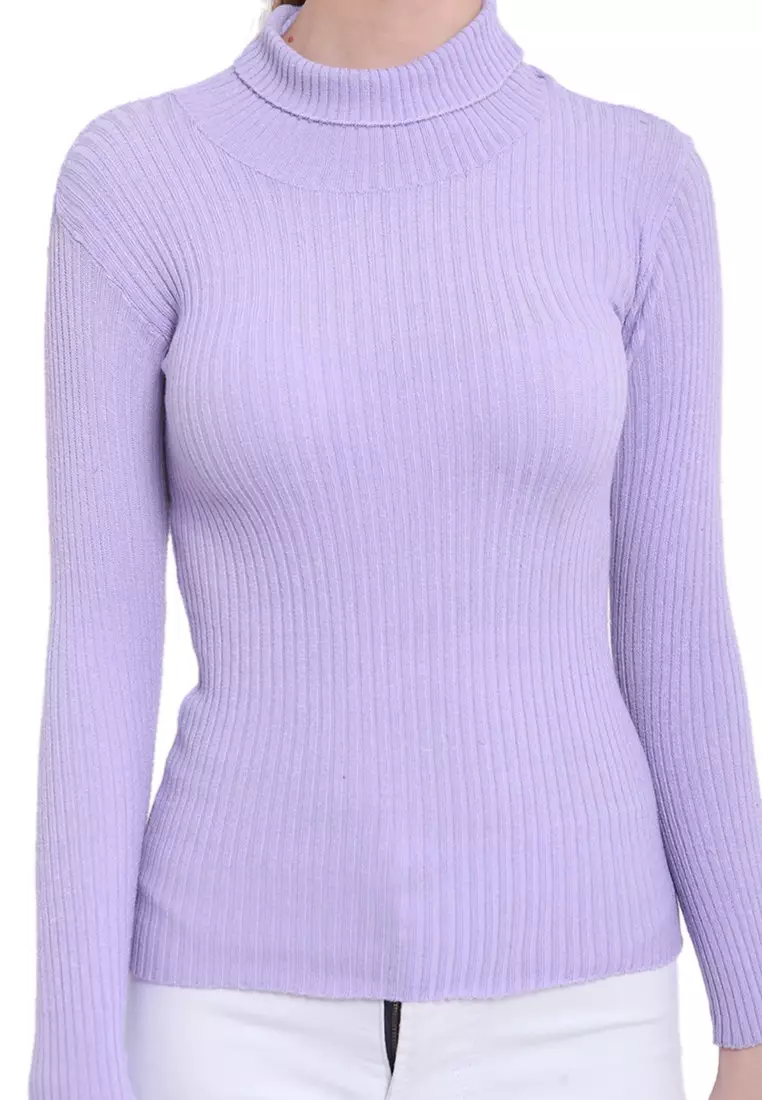 Misel Sweater Rajut Turtle Neck Long Sleeves Atasan Ribbed Wanita - Lavender