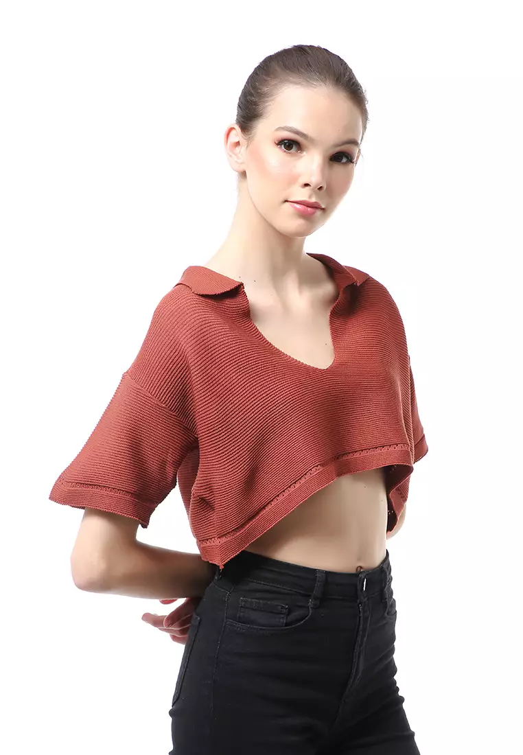 Albertine Atasan Crop Wanita Lengan Pendek Blouse Vneck Motif Polos Material Rajut ORIGINAL - Brown