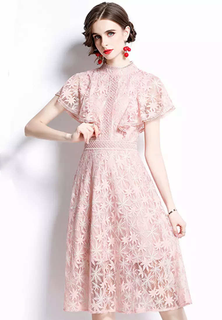 Sunnydaysweety Temperament Hollow Lace Waist Pink One-Piece Dresss ...