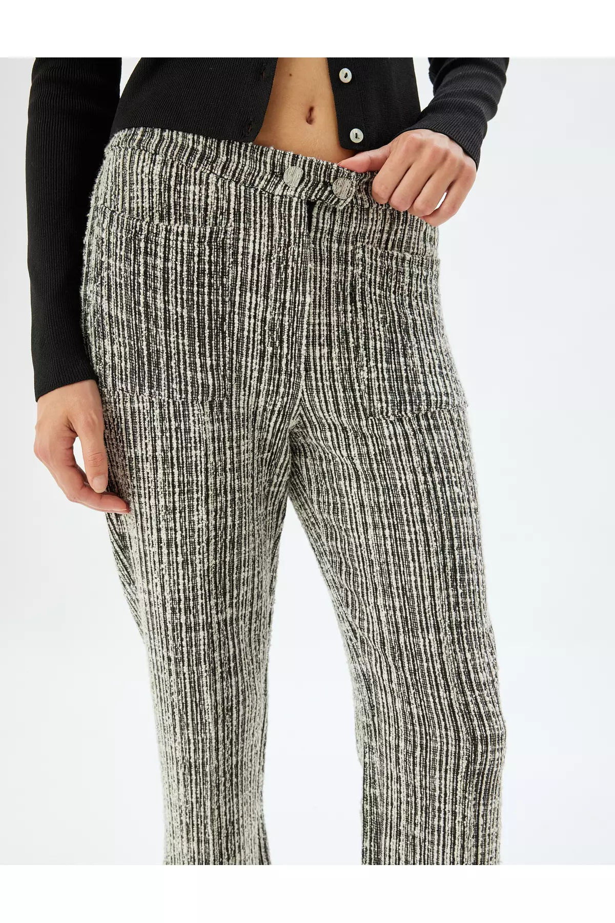 High Waist Trousers Buttoned Straight Leg Textured Pocket Detail