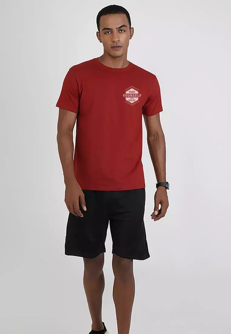 Push Yourself 栗色棉质短袖圆领休闲 T 恤