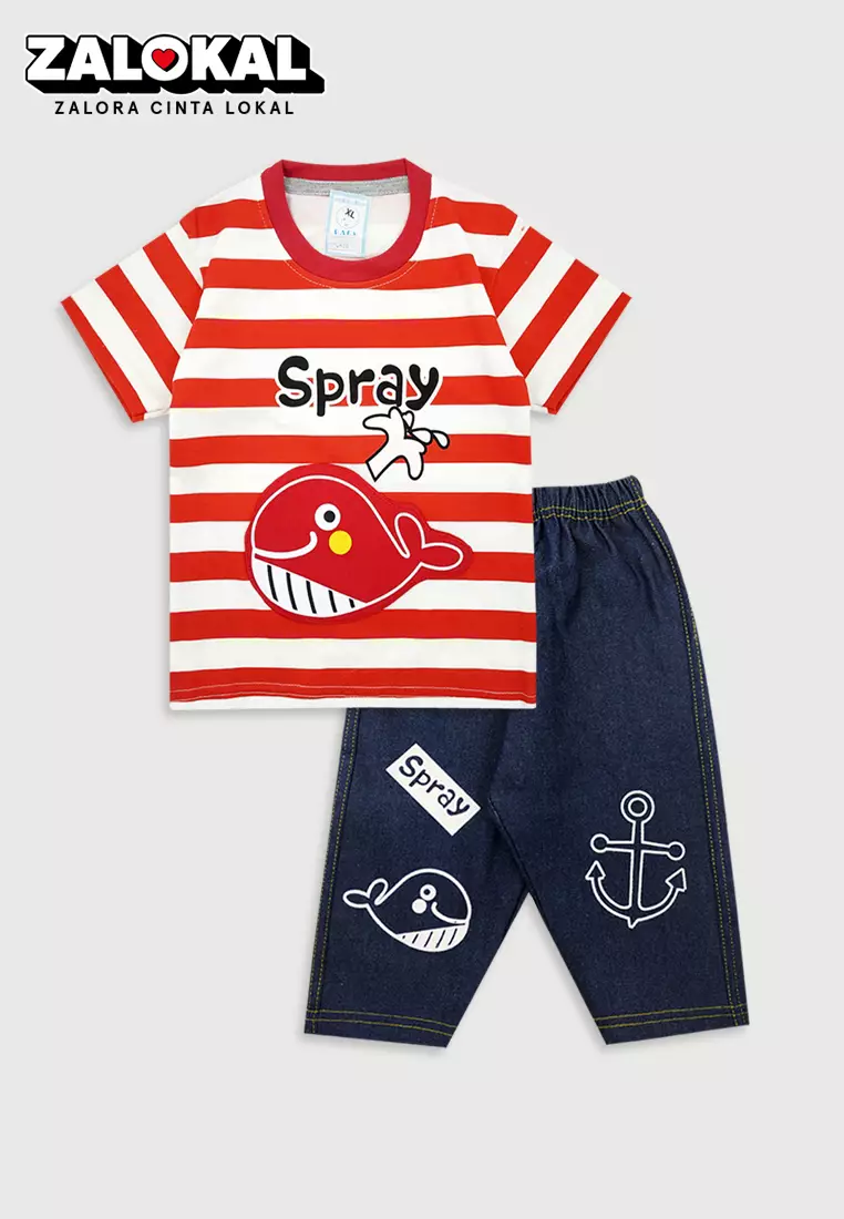 Wakakids Setelan Anak Laki Laki Celana Jeans Spray Whale Stripe 3498 Merah