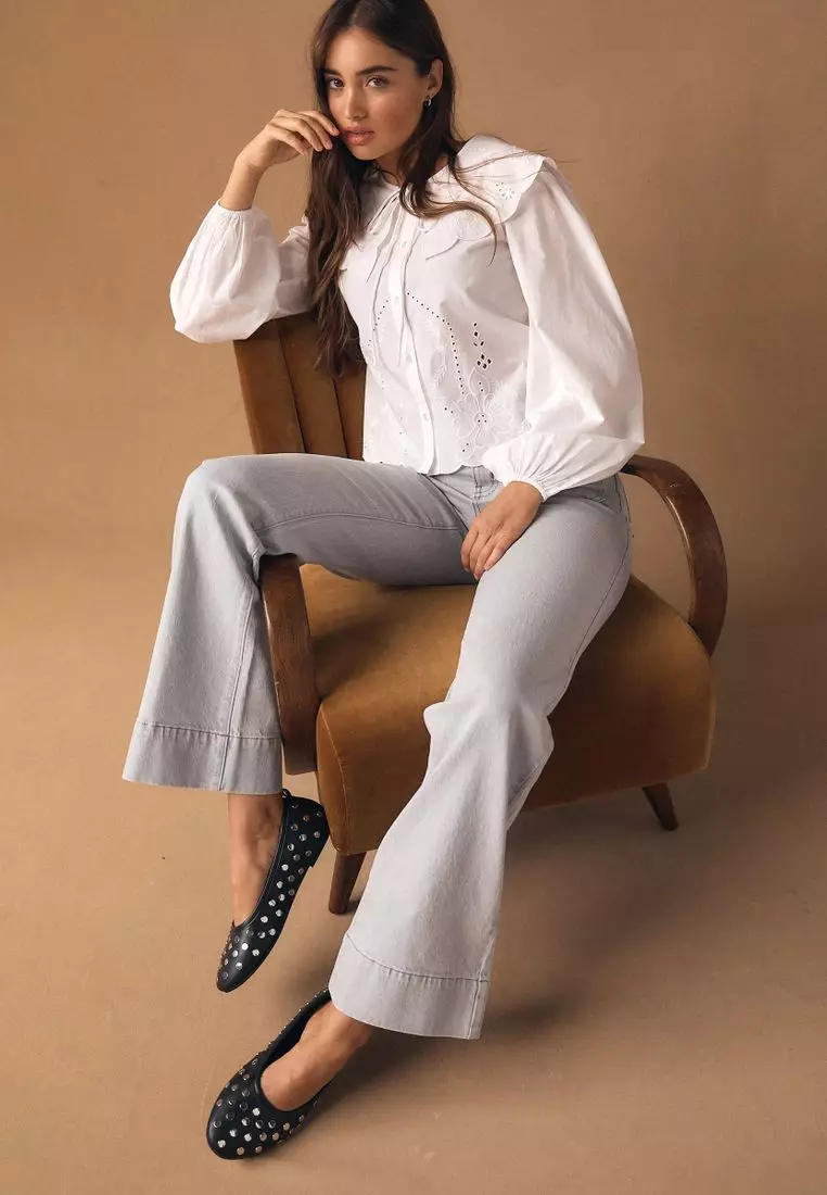Statement Collar Broderie Long Sleeve Blouse