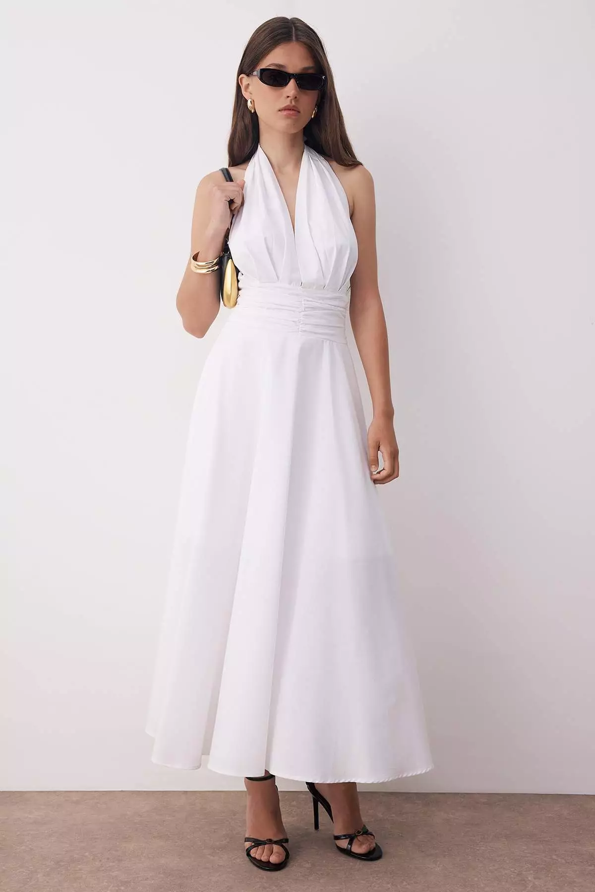 White Low-Cut Halter Neck Poplin Lined Woven Dress