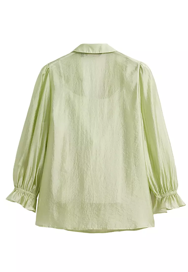 Long-Sleeve V-Neck Ruffled Trim Tie Front Blouse