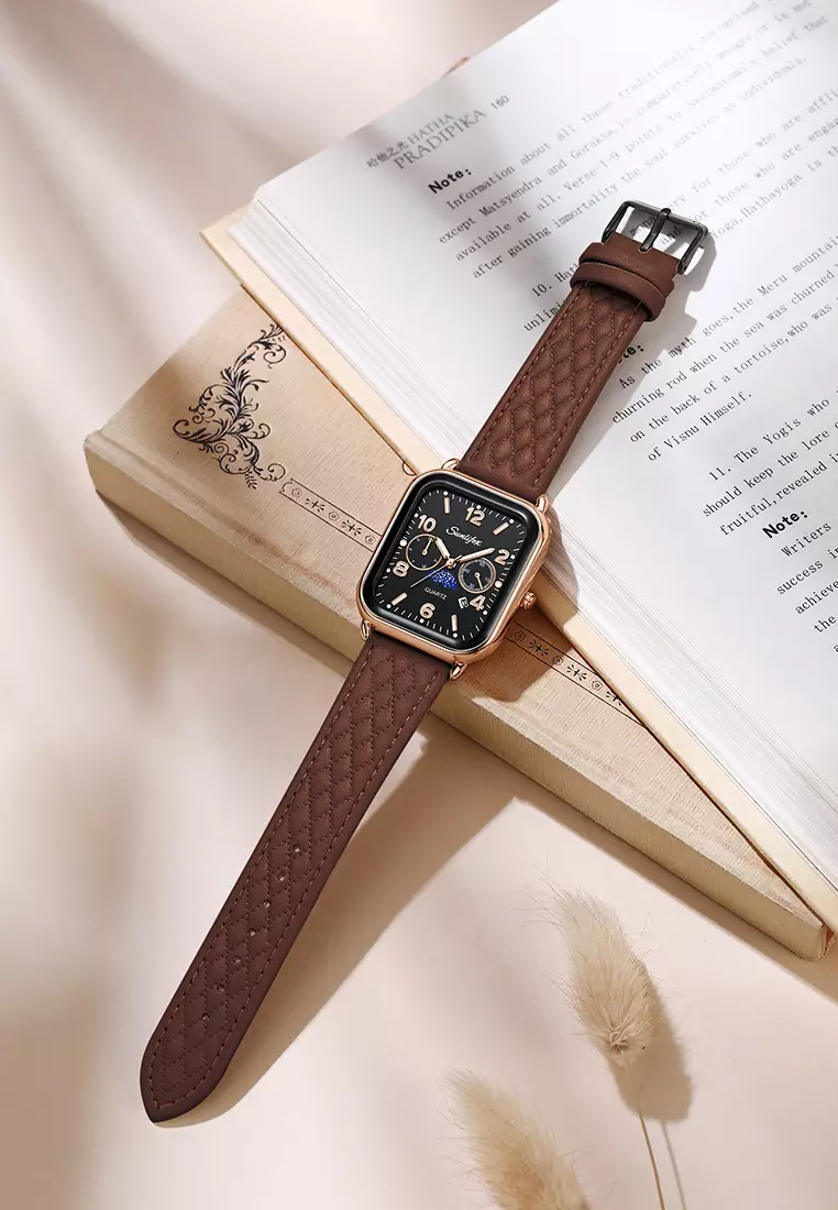 Jam Tangan Wanita Korean Kasual Mode Tali Kulit Kuarsa Jam Tangan Cewek Original coffee black