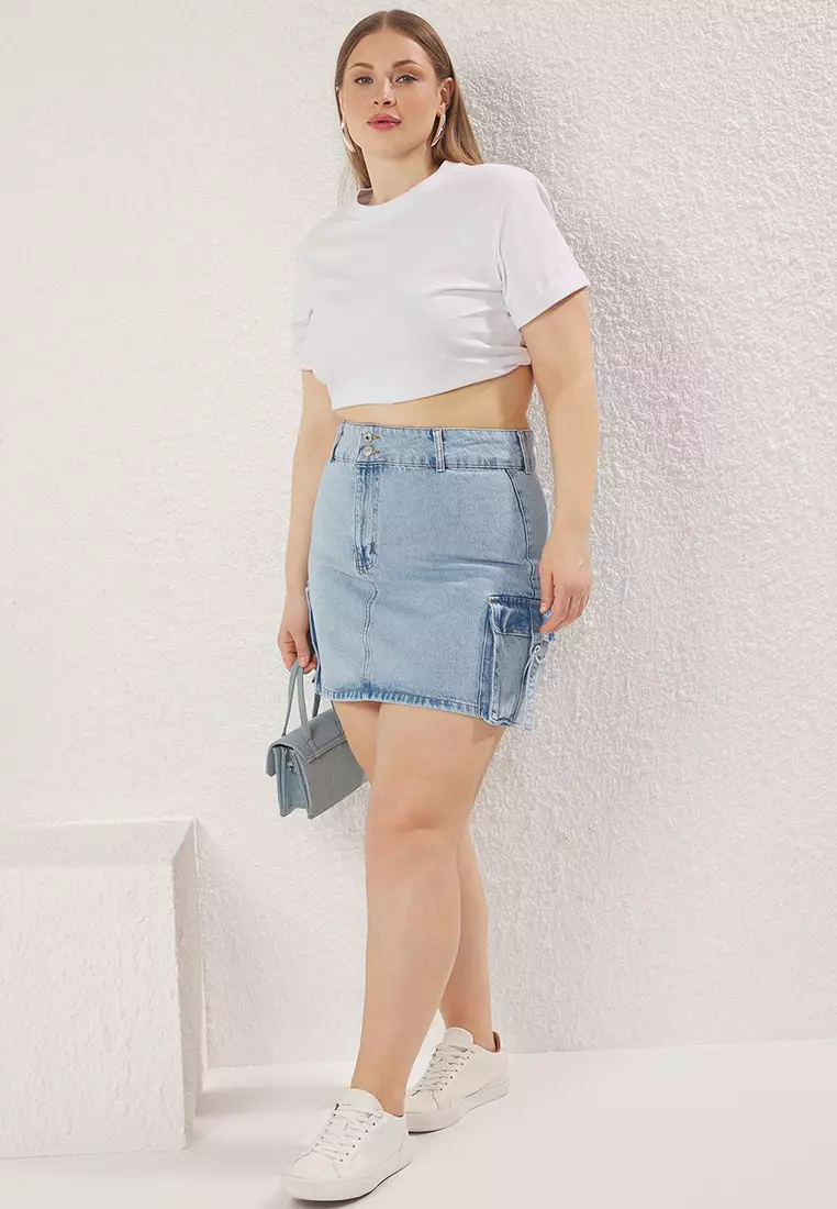 Light Blue Cargo Pocket Denim Skirt Tbbss23Az00057