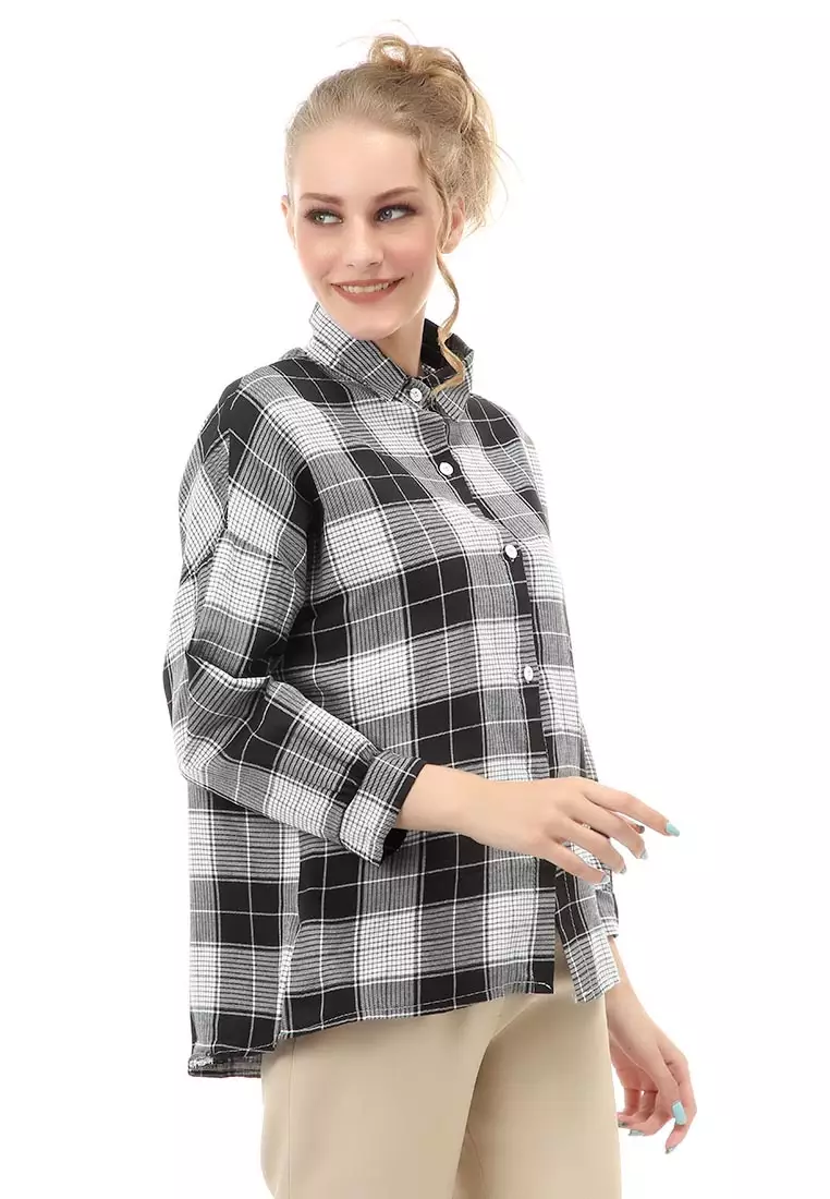 Holly Atasan Kasual Kemeja Wanita Lengan Lentera Motif Kotak Material Cotton ORIGINAL - Black