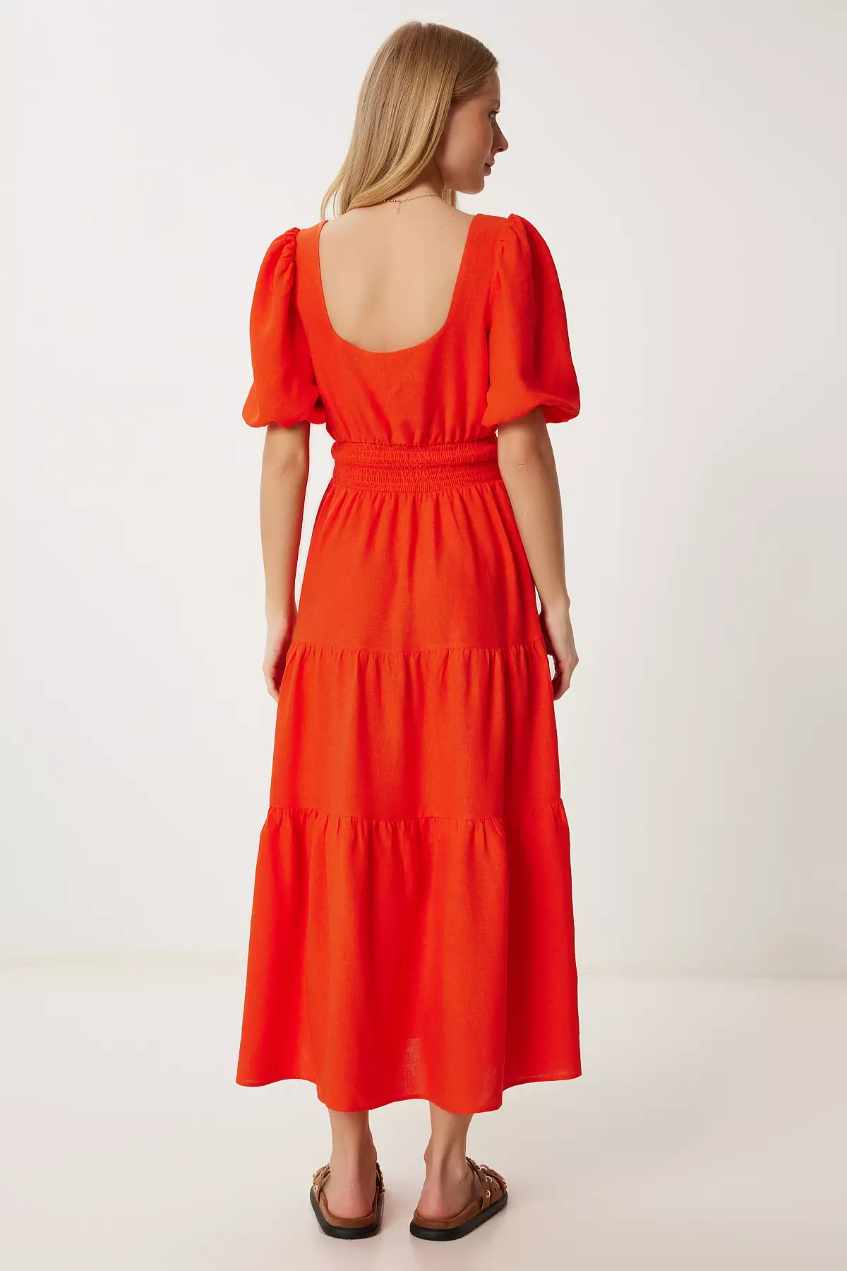 Women's Dark Orange Flounced Midi Linen Dress Fk00013