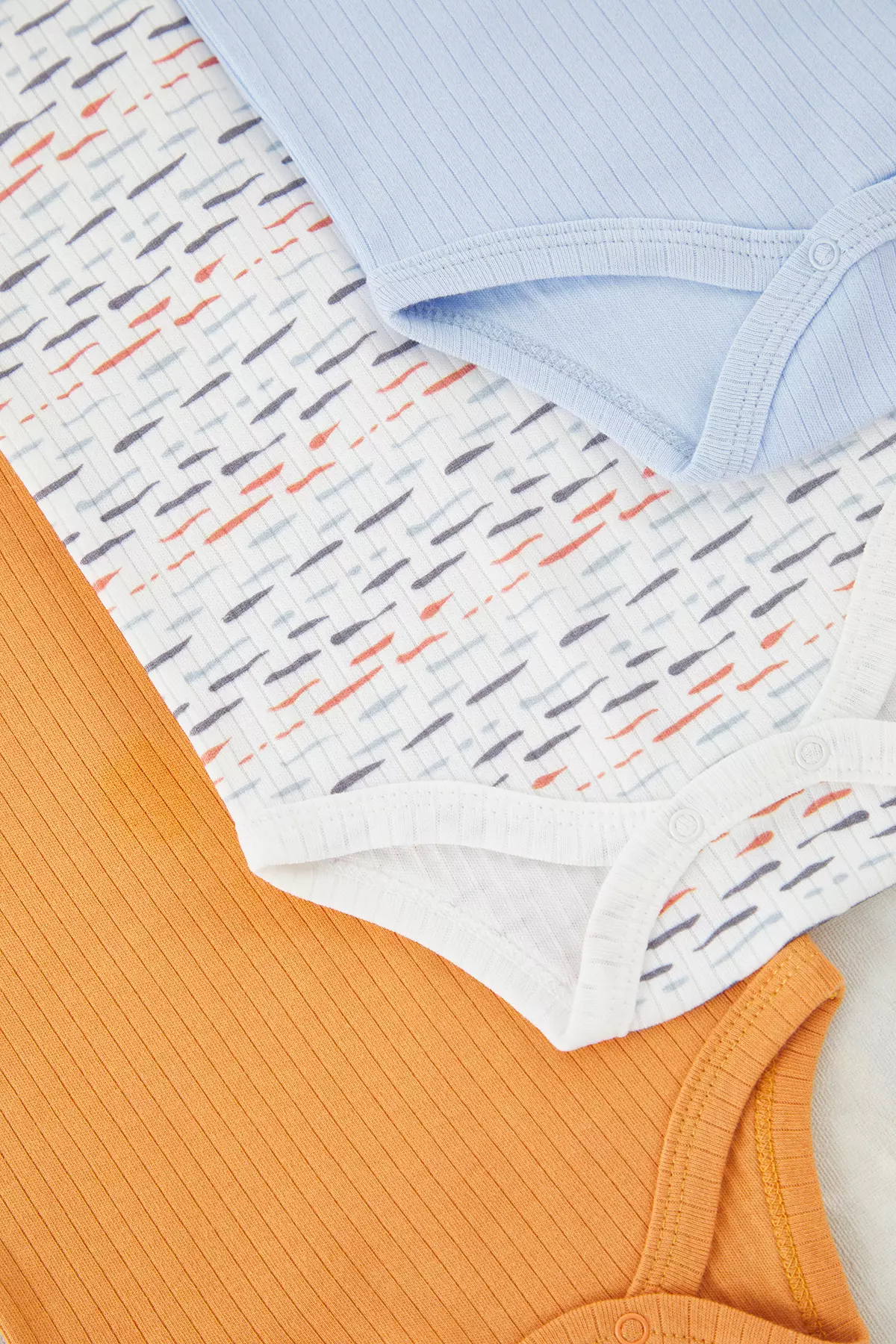 Ecru-Orange-Blue 3-Piece Unisex Baby 100% Cotton Printed Snap Fastener Bodysuit & Bodysuit Tkdss25Zo00003