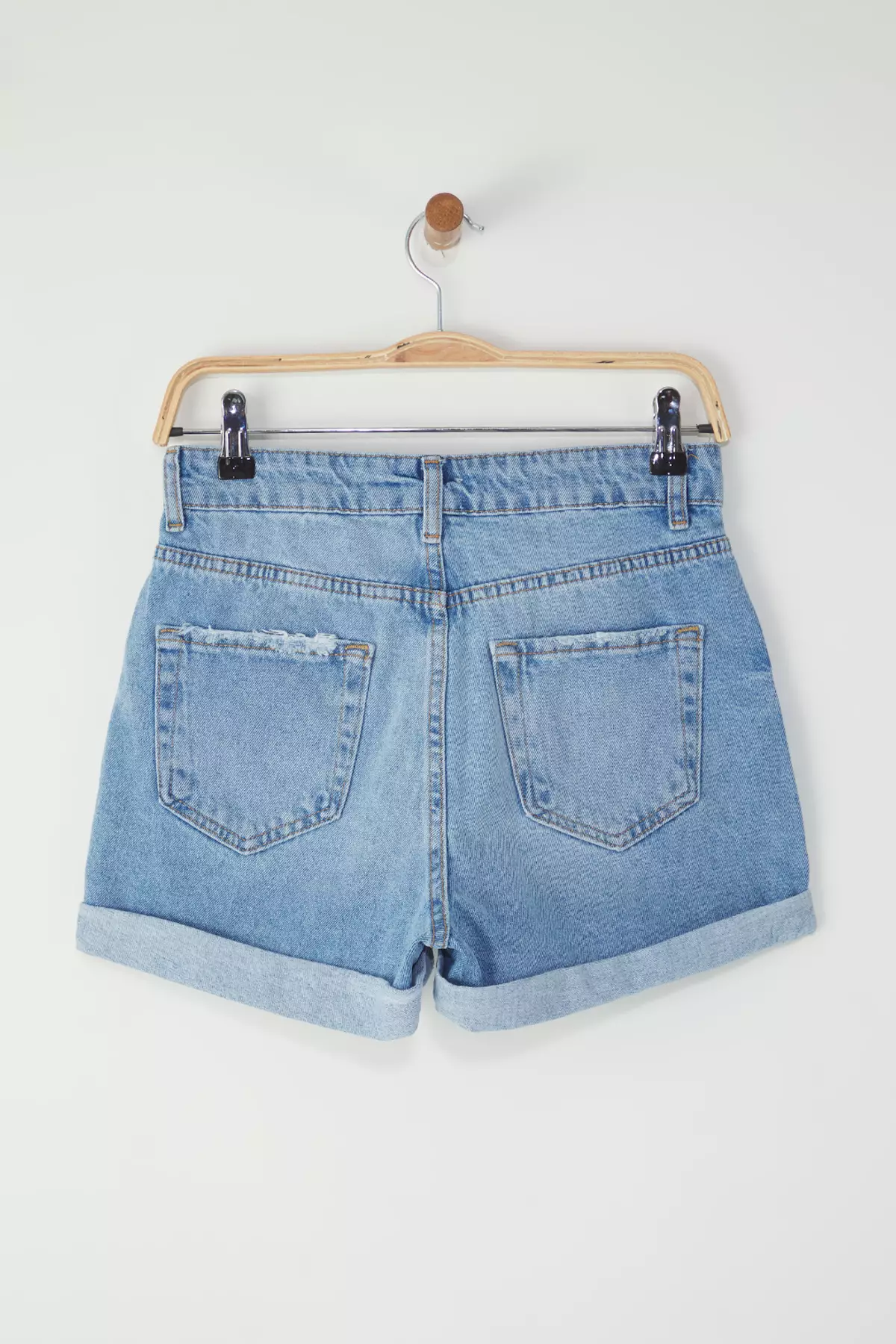 Blue High Waist Folded Mini Denim Shorts TWOSS25SR00170