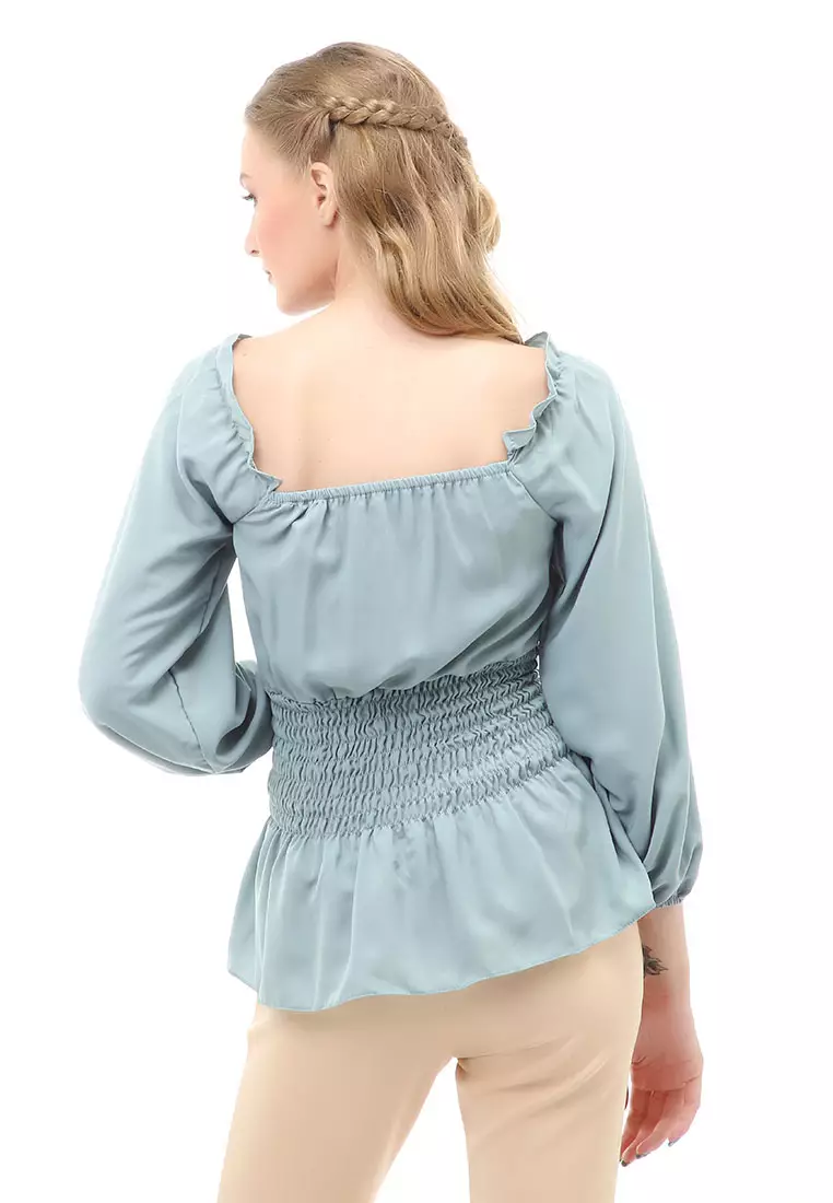 Cheva Blouse Atasan Wanita Sabrina Karet Pinggang Lengan Panjang Casual Shirt Long Sleeve Material Wolfis ORIGINAL