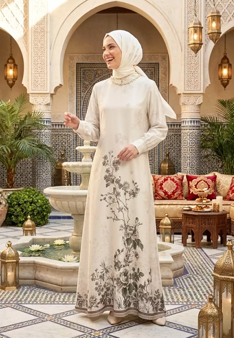 Gamis Muslimah Premium Motif Floral Vintage Warna Cream – Dress Maxi Elegan Lengan Panjang Cocok untuk Lebaran & Acara Formal By Brilliant Girl Warna CREAM