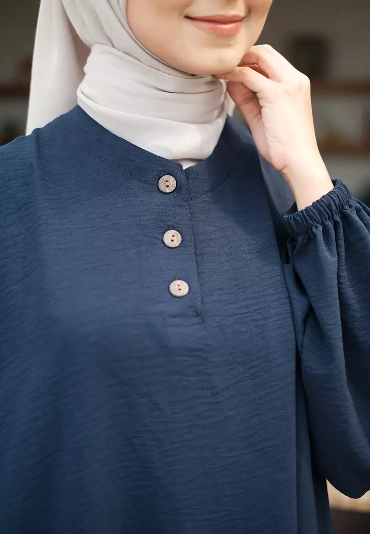 JV Hasanah Set Rok Baju Kurung Selena Navy | Setelan Rok Crinkle Jumbo Busui