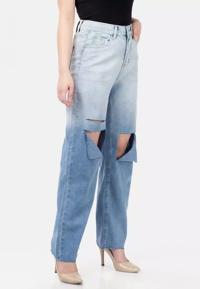 Ripped Gradation Straight Jeans