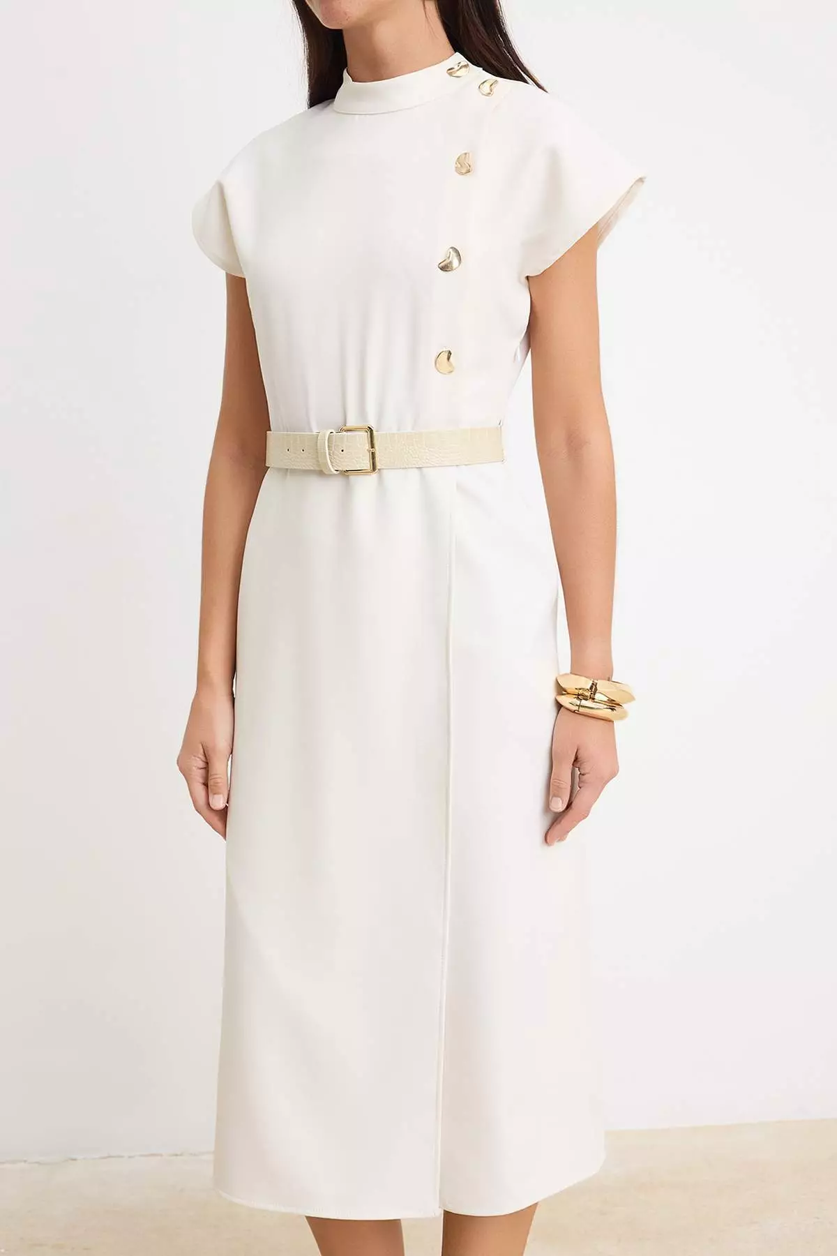 Ecru Belt Piece Plain Buttoned Midi Woven Dress Twoss26El121