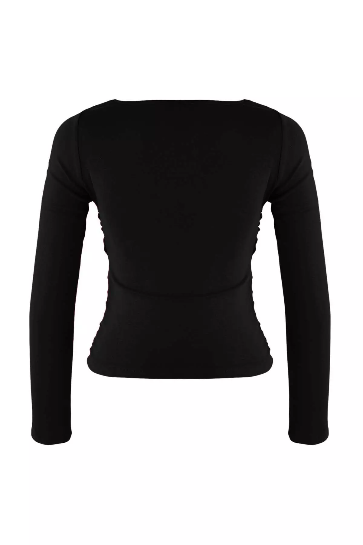 Black Fitted/Fits The Body Gathered V-Neck Long Sleeve Flexible Knitted Blouse