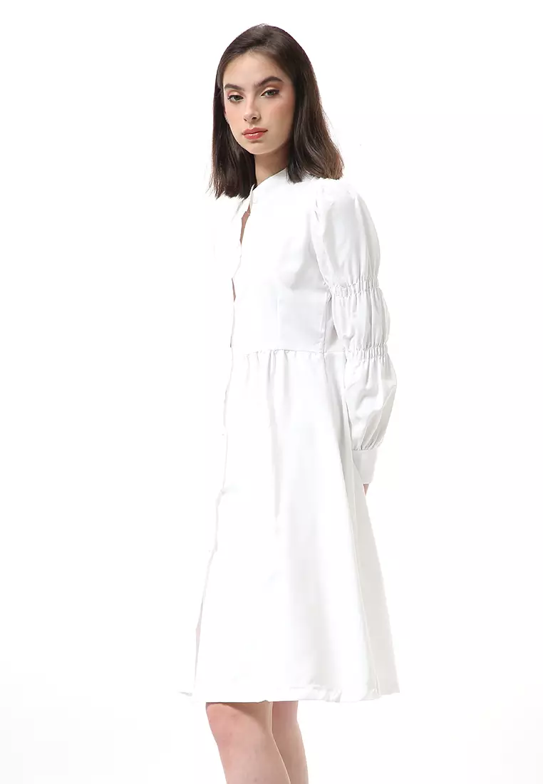 Rachel Dress Midi Kasual Wanita Full Kancing Lengan Bubble Material Cotton ORIGINAL - White