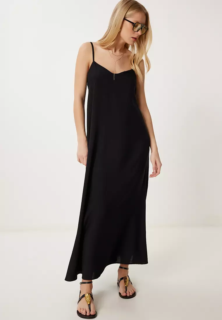 Women's Black Strap Summer Long Viscose Dress Fg00024