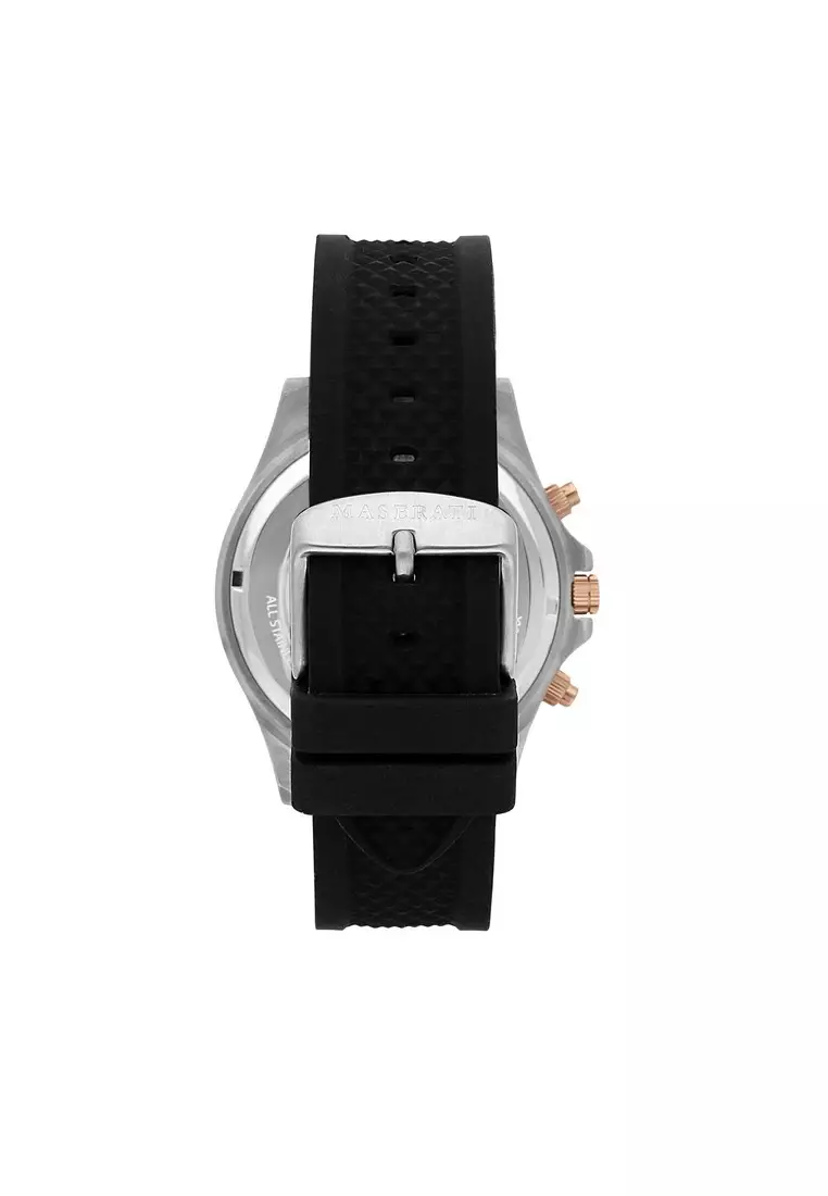 【2 Years Warranty】Maserati Sfida 44mm Black Silicon Chronograph Men's Quartz Watch R8871640002 With Luminous Dial Hands