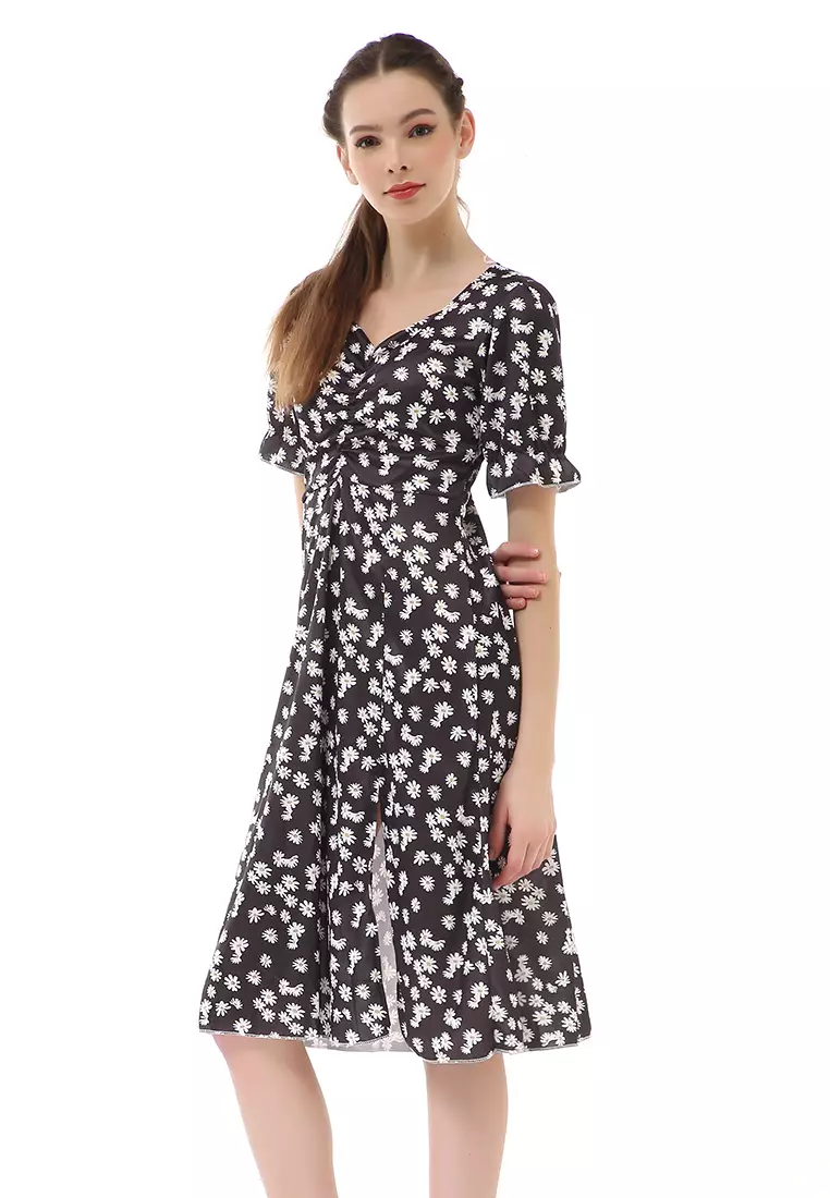 Rachel Dress Wanita Desain Belah Pinggir Short Sleeve Motif Bunga Material Cotton ORIGINAL - Black