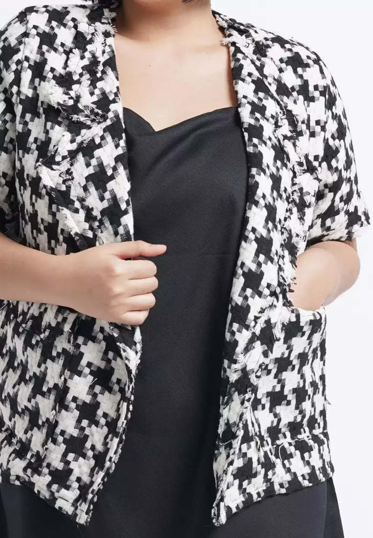 Plus Size Tweed Blazer Moon Black Big Houndstooth