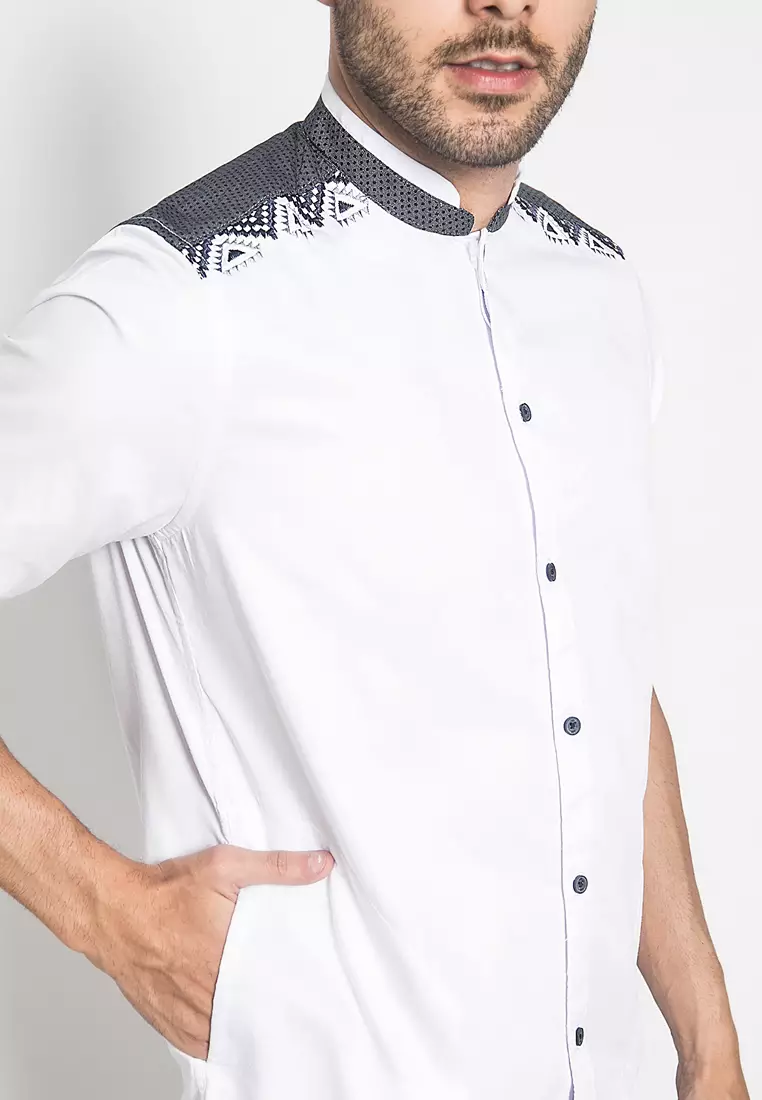 LGS - Regular Fit - Baju Koko - Lengan Pendek - Motif Bordir Hitam - Putih - CSH.285.S1018K.314.C