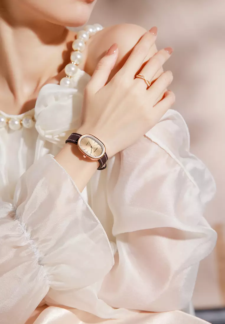 Jam Tangan Wanita Anggun Kuarsa Tali Kulit Gaya Antik Korea Jam Tangan Cewek SL6083 Coffee