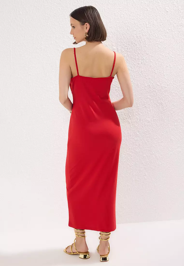 Red Embroidered Detailed Bodycone/Fits The Body Midi Knit Dress Twoss25El00356