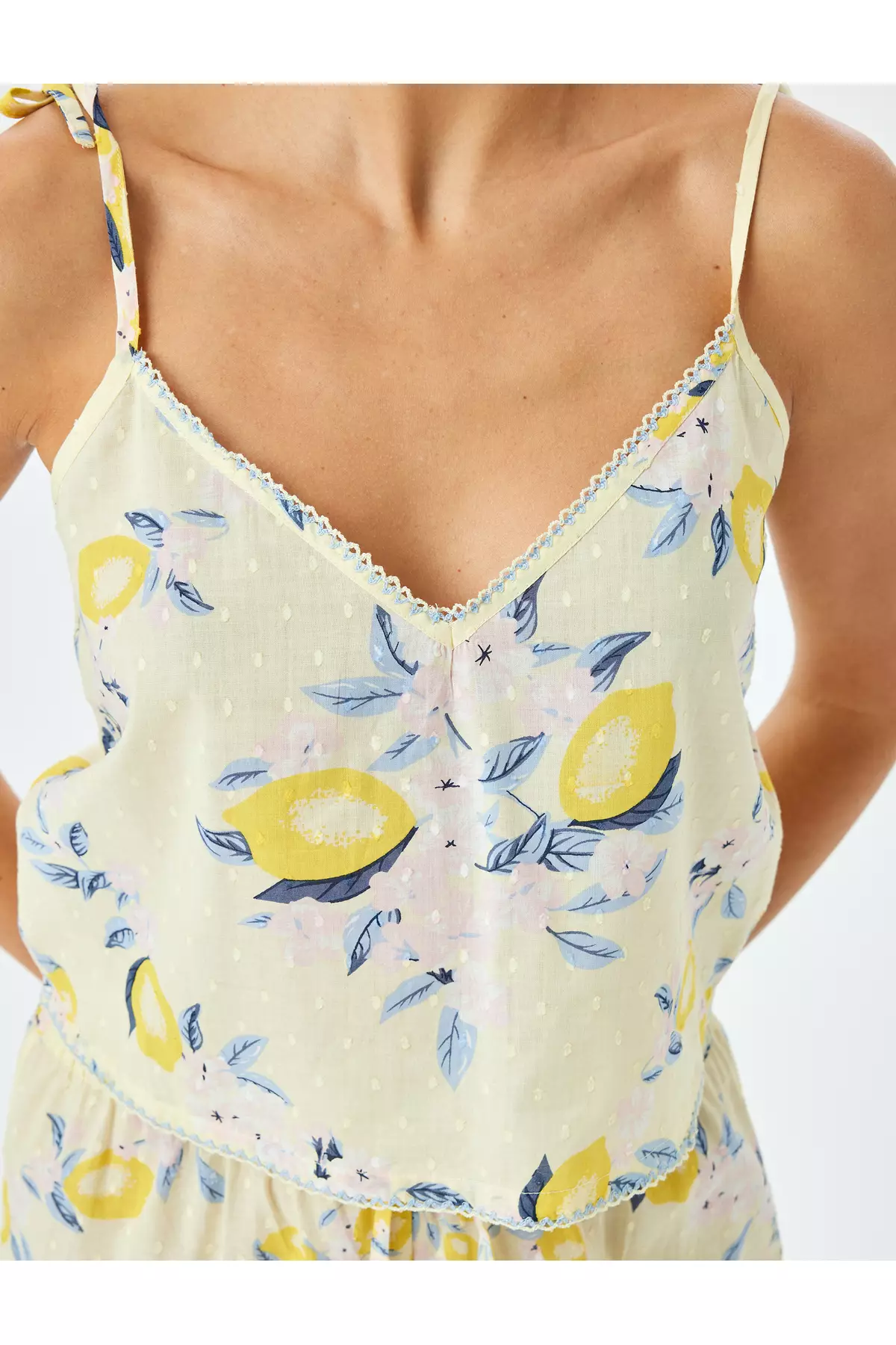 V領幼帶檸檬印花棉質睡衣上衣