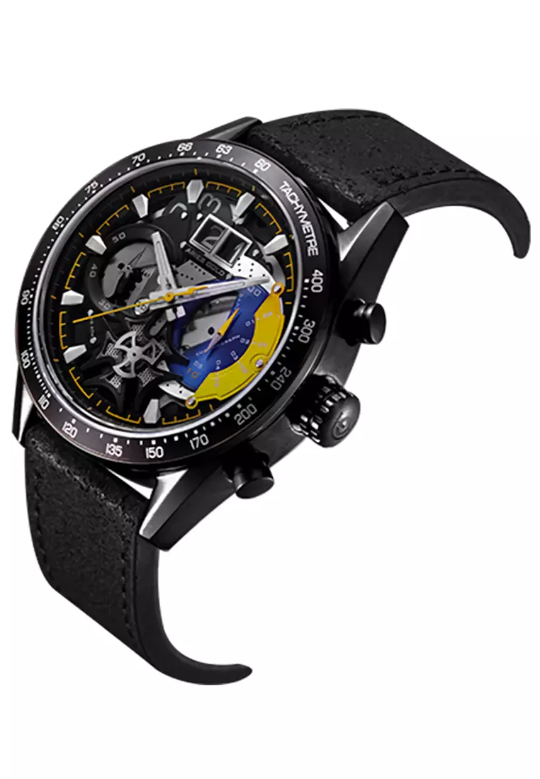 Aries Gold Jolter - Jam Tangan Chronograph Pria - Black Yellow - Leather Strap - G 7008