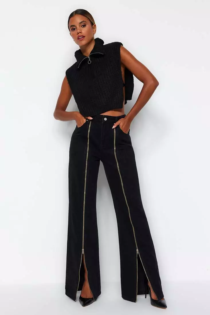 Seamed Front Wide Leg Jeans, 2023 Women Waist Stretch Flare Jeans (Color :  Black, Size : Small) at  Women's Jeans store