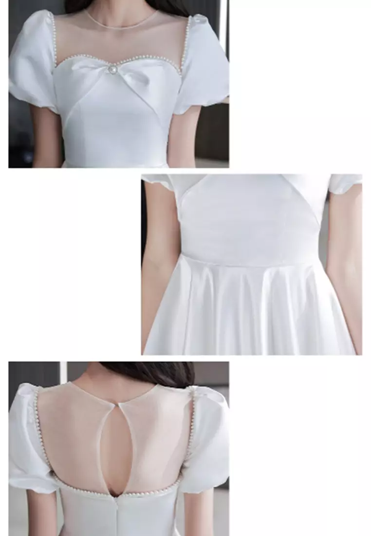 純色緞面法式泡泡袖晚禮服連衣裙CA092603W