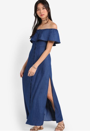 Chambray Off Shoulder Buttoned Maxi Dress