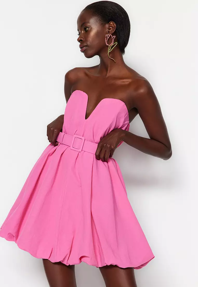 Balloon Poplin Evening Dress Belt Detailed